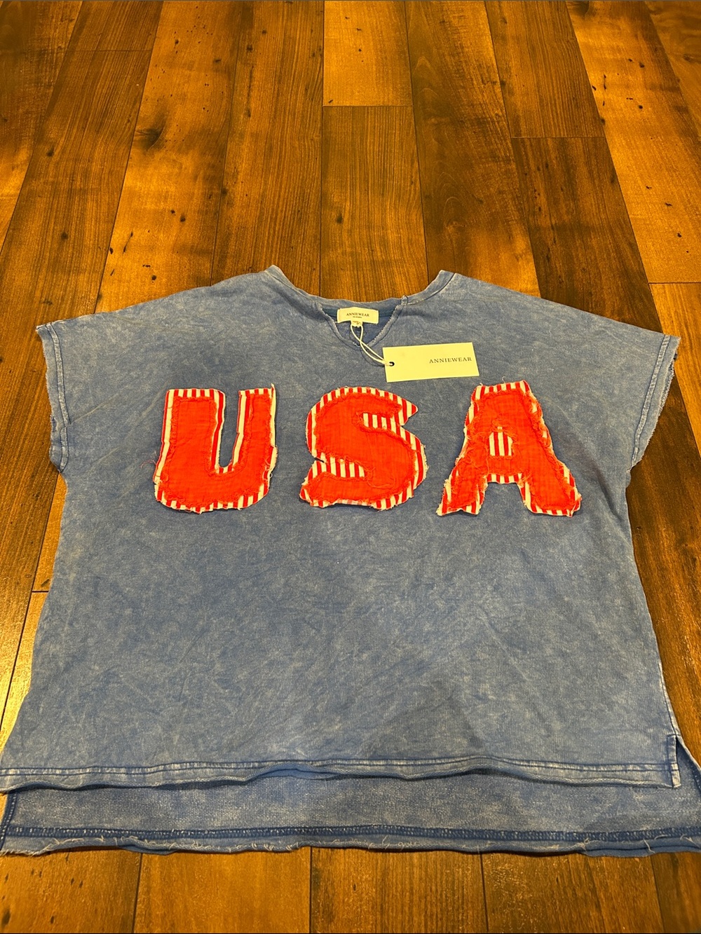Anniewear Blue Short Sleeve Tee with Red USA Appliqué
